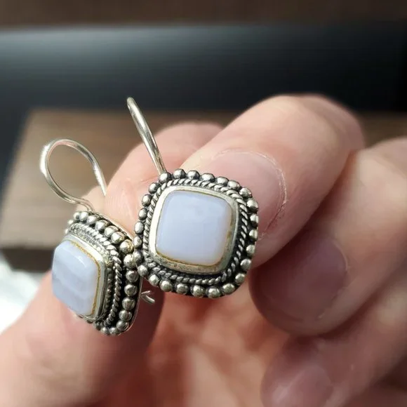 Sterling Silver Wonderful Agate Stone Dangle Earrings - Picture 3 of 6